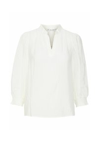 Vit, långärmad blus med V-halsringning, rynkade axlar och elastiska ärmslut, med en texturerad tyg. Slät yta.