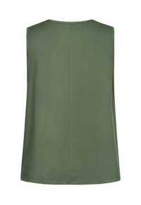 Ermeløs topp i dypt grønt stoff med glatt tekstur, med rund halslinning og rett snitt. Ingen synlige sømmer eller detaljer.