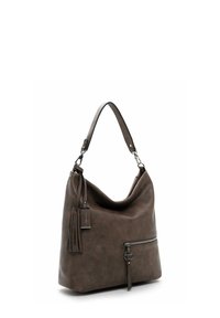 Brown faux leather shoulder bag with a slouchy design, featuring a front zip pocket, tassel detail, and an adjustable strap.