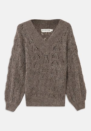 Brown knitted sweater with a V-neck, featuring a decorative lace pattern and puffed sleeves, finished with a ribbed hem and cuffs.