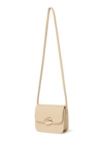 Beige crossbody bag made of smooth faux leather, featuring a flap closure with a metallic hardware accent and a long, adjustable strap.