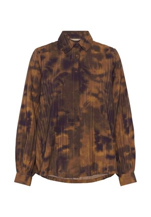 Brown and purple tie-dye shirt with a button-down front, long sleeves, and a pointed collar. Pleated texture on fabric.