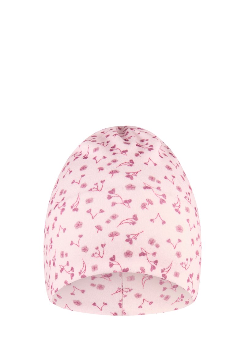 Pink soft fabric hat with small maroon floral patterns scattered evenly across the surface.