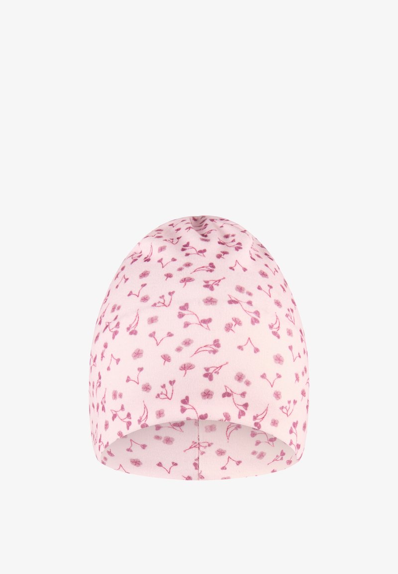 Pink soft fabric hat with small maroon floral patterns scattered evenly across the surface.