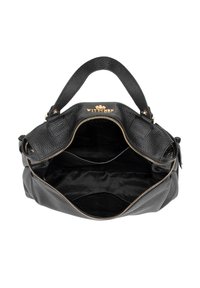 Borsa a tracolla in pelle nera con finitura testurizzata; apertura con zip, hardware dorato e scomparti interni. Logo del marchio impresso nella parte superiore.
