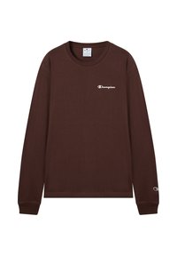 T-shirt en coton marron à manches longues avec un col rond et un logo "Champion" blanc sur la poitrine. Poignets côtelés et ourlet droit.