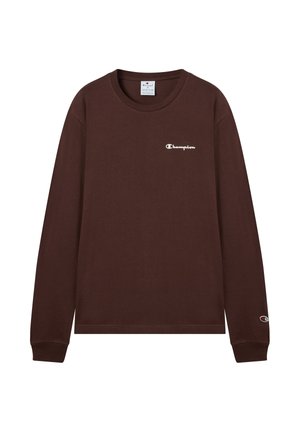 Langärmliges braunes Baumwoll-T-Shirt mit Rundhalsausschnitt und weißem "Champion"-Logo auf der Brust. Rippbündchen und gerader Saum.