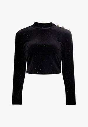 Black velvet crop top with long sleeves, mock neck, and scattered reflective accents. Features decorative buttons on the left shoulder.