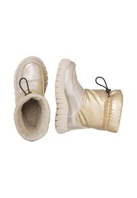 Paio di stivali invernali beige lucidi con suole spesse e chiusure a cordoncino regolabili, mostrati in vista dall'alto e di lato.