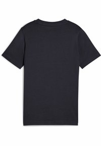 Donkerblauw T-shirt met korte mouwen en een ronde hals, gemaakt van katoen en met een eenvoudig ontwerp. Geen graphics of patronen zichtbaar.