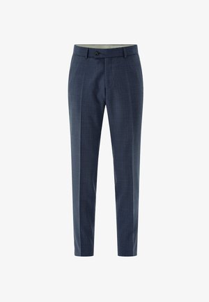 Navy blue tailored men's dress trousers with belt loops, front button closure, and subtle textured pattern.