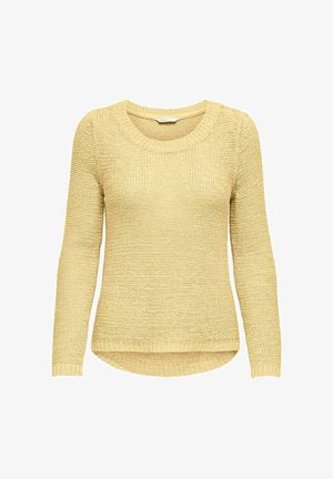 Pull en maille jaune clair à manches longues avec encolure ronde, poignets et ourlet côtelés, légèrement plus long à l'arrière.