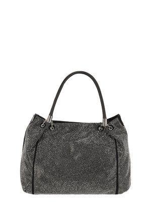 Schwarze und silberne Handtasche mit strukturiertem Material, elegantem Design, zwei Griffen und einem schimmernden Muster aus kleinen Verzierungen.