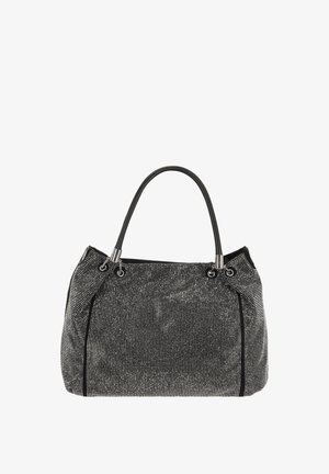 Schwarze und silberne Handtasche mit strukturiertem Material, elegantem Design, zwei Griffen und einem schimmernden Muster aus kleinen Verzierungen.