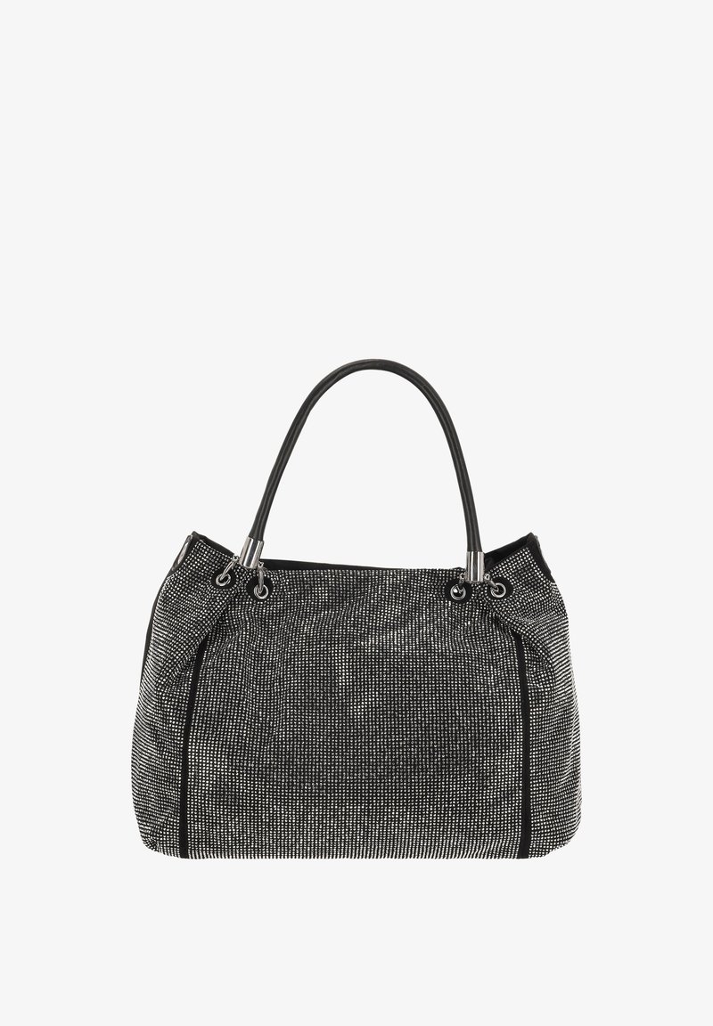 Czarna i srebrna torebka wykonana z teksturowanego materiału, o eleganckim designie, z dwoma uchwytami i błyszczącym wzorem drobnych ozdób.