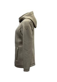 Beige Kapuzenjacke aus strukturiertem Stoff, mit Reißverschluss und Seitentaschen. Verfügt über ein Logo am oberen Ärmel und eine taillierte Passform.