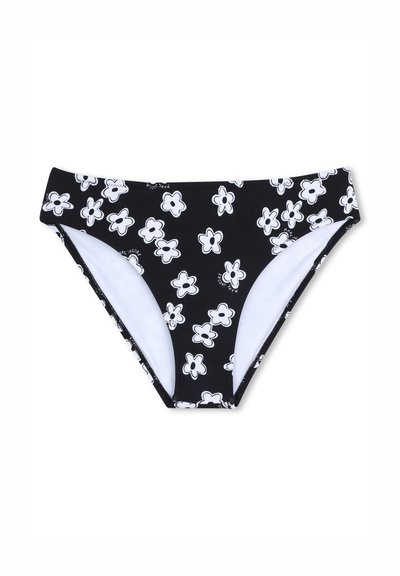 Bas de bikini noir avec un motif floral blanc. Tissu lisse avec une doublure blanche contrastante, offrant un design ajusté et contemporain.