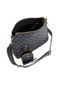 Borsa a tracolla in finta pelle nera con hardware dorato, chiusura con zip e motivo in rilievo. Include un piccolo astuccio staccabile.