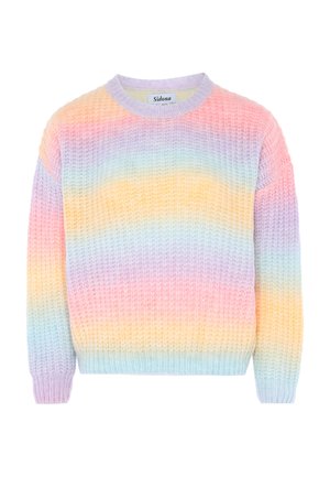 Maglione a righe pastello in morbidi colori di rosa, giallo, verde menta e lavanda. Presenta un colletto rotondo e polsini a coste.