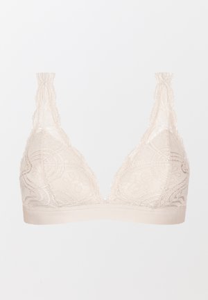 Spitzen-Bralette in hellbeige mit zarten Blumenmustern, weichem Bund und V-Ausschnitt, aus transparentem strukturiertem Stoff und mit verstellbaren Trägern.