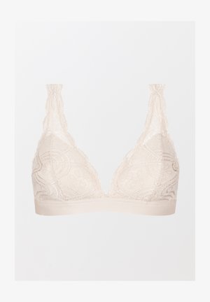 Spitzen-Bralette in hellbeige mit zarten Blumenmustern, weichem Bund und V-Ausschnitt, aus transparentem strukturiertem Stoff und mit verstellbaren Trägern.