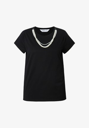 Sort T-shirt i blødt bomuld med korte ærmer, der har et lagdelt perlekæde-design ved halsudskæringen. Enkel snit, ingen mønstre eller accenter.