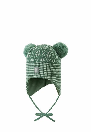 Knitted green hat with a geometric pattern, featuring pom-poms on top, chin ties, and a soft lining for warmth.