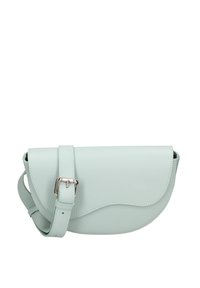 Borsa a tracolla in pelle verde menta con flap curvo, hardware in metallo argentato e tracolla regolabile per un trasporto sicuro.