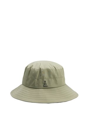 Kapelusz typu bucket wykonany z lekkiego, khaki koloru materiału; posiada szeroki rondo, przeszycia oraz logo z przodu.