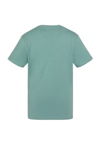 Camiseta corta de manga con corte clásico en color verde azulado claro, vista desde la parte de atrás, con cuello redondo y sin logotipos ni patrones visibles.