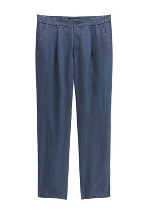 Pantalon bleu pour homme à coupe droite avec poches avant, passants de ceinture, fermeture par bouton et braguette zippée, en tissu léger.
