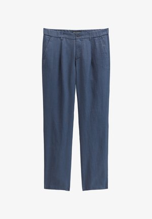 Pantalon bleu pour homme à coupe droite avec poches avant, passants de ceinture, fermeture par bouton et braguette zippée, en tissu léger.