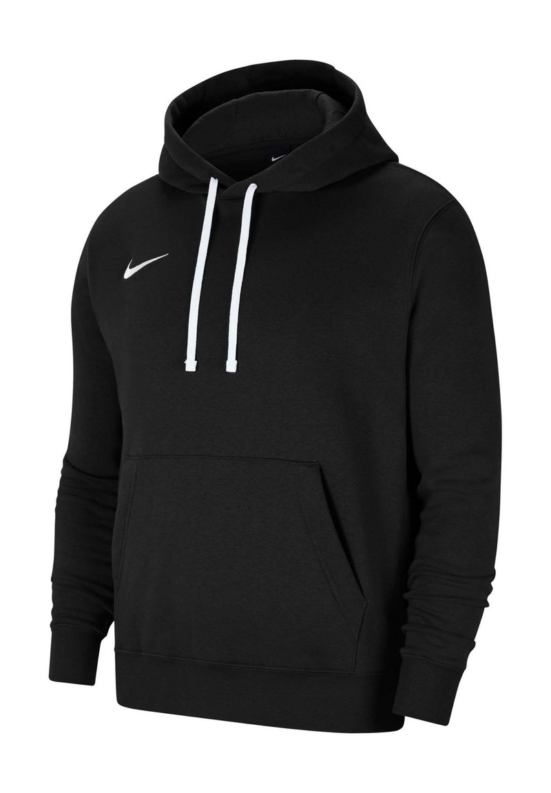 Hoodie en coton noir avec une poche kangourou à l'avant, des cordons blancs et un petit logo blanc sur la poitrine. Présente des poignets et un ourlet côtelés.