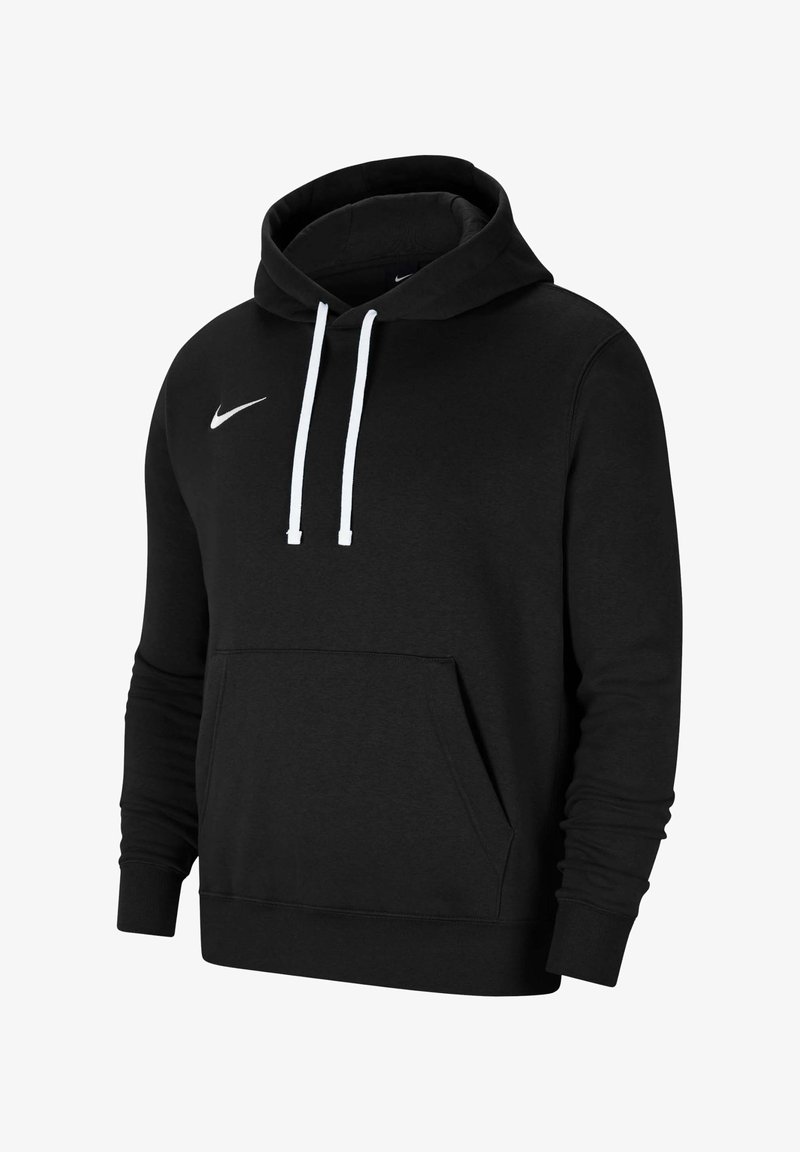 Hoodie en coton noir avec une poche kangourou à l'avant, des cordons blancs et un petit logo blanc sur la poitrine. Présente des poignets et un ourlet côtelés.