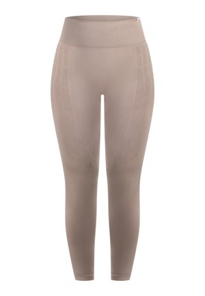 Beżowe legginsy z wysokim prążkowanym pasem, z gładką teksturą i detalami bocznymi, zaprojektowane w dopasowanym stylu.