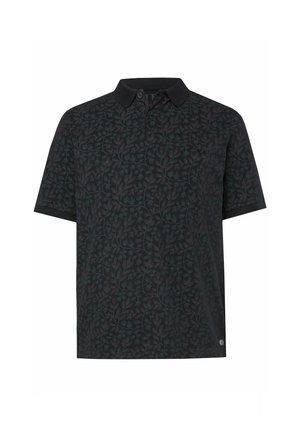 Schwarzes Poloshirt mit strukturiertem dunkelgrünem Blattmuster, kurzen Ärmeln und einem durchgehend schwarzen Kragen. Dezentes Logodetail am Saum.