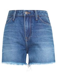 Shorts de mezclilla en azul medio con un dobladillo deshilachado, diseño de cinco bolsillos y cierre de botón con la marca. Presenta un ligero desvanecimiento para darle textura.