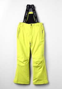 Pantalons de neige jaunes fluo avec bretelles noires ajustables, deux poches avant et une coupe droite. Fabriqués à partir de matériaux durables et imperméables.