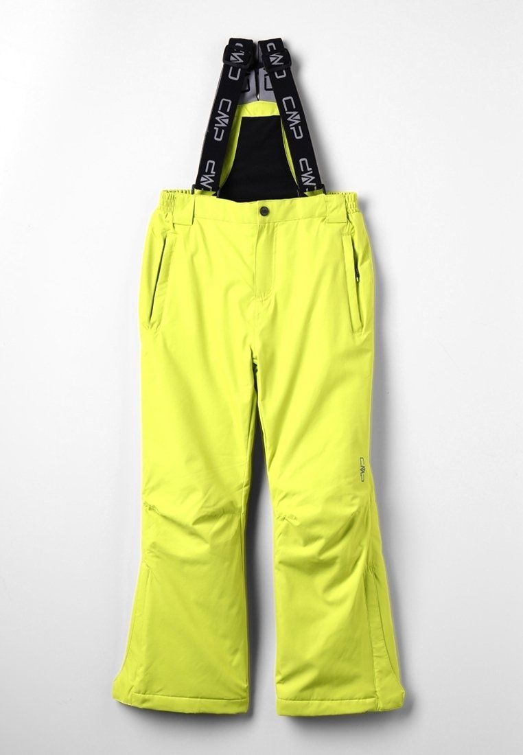 Pantalons de neige jaunes fluo avec bretelles noires ajustables, deux poches avant et une coupe droite. Fabriqués à partir de matériaux durables et imperméables.