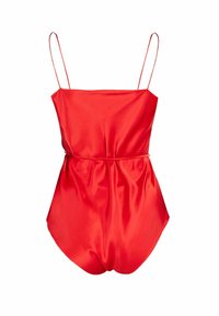 Red satin one-piece swimsuit with thin adjustable straps, gathered fabric at the waist, smooth texture, and fitted silhouette.