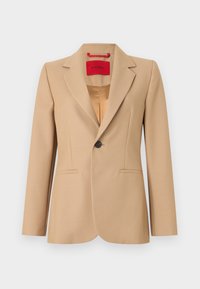 Μπεζ προσαρμοσμένο σακάκι με notch γιακά, κούμπωμα με ένα κουμπί και δύο μπροστινές τσέπες· υφασμάτινη υφή με απαλό εσωτερικό φόδρισμα.
