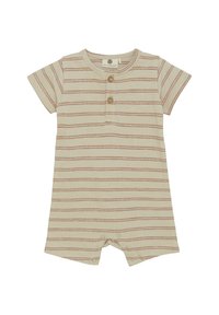 Kortärmad overall i ljus beige med smala rostfärgade ränder. Har en knappslå och tryckknappar i botten. Mjuk bomullsmaterial.