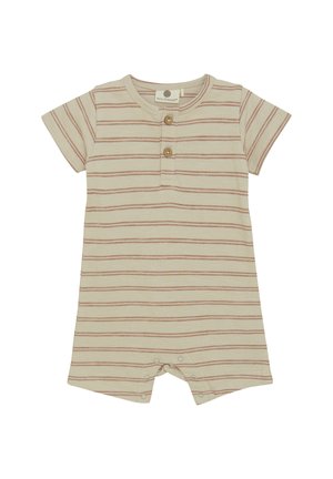 Combi-short à manches courtes en beige clair avec de fines rayures couleur rouille. Doté d'une patte de boutonnage et de pressions en bas. Matériau en coton doux.