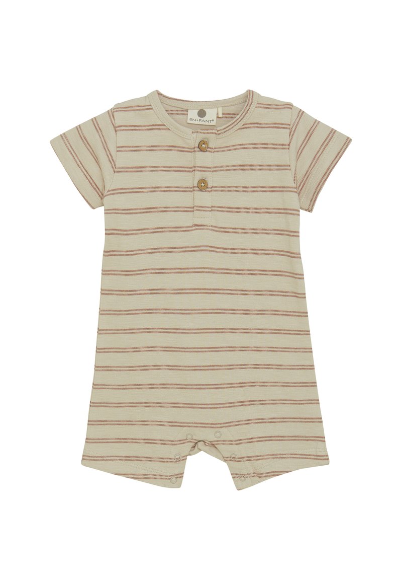 Kortärmad overall i ljus beige med smala rostfärgade ränder. Har en knappslå och tryckknappar i botten. Mjuk bomullsmaterial.