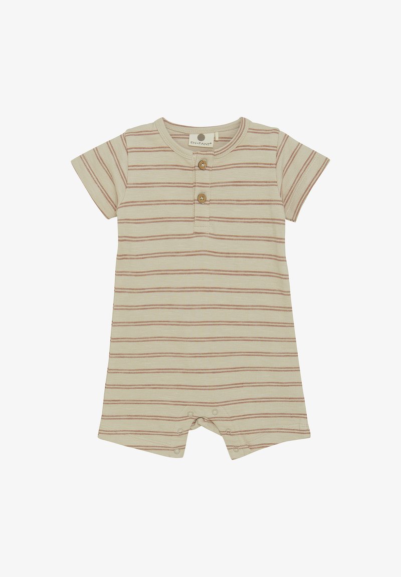 Kortärmad overall i ljus beige med smala rostfärgade ränder. Har en knappslå och tryckknappar i botten. Mjuk bomullsmaterial.