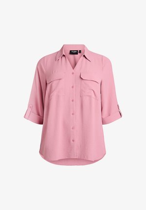 Rožinė marškinėliai su atvartais, sukišto rankovėmis, dvi krūtinės kišenės su atvartais ir smailėjančiu apykakle.