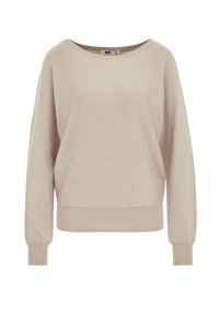 Bēšas adītas džemperis ar plašu kakla izgriezumu, garām piedurknēm un ribotām malām. Mīksta tekstūra, ikdienišķa piegriezuma, nav redzamu rakstu vai metāla elementu.