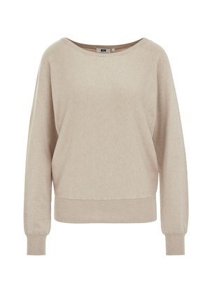 Beige gebreide trui met een brede halslijn, lange mouwen en een geribbelde onderrand. Zachte textuur, casual pasvorm, geen zichtbare patronen of hardware.