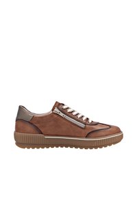 Sneaker en cuir marron avec une finition texturée, accents contrastants, col rembourré et fermeture éclair sur le côté, dotée d'une semelle en caoutchouc et d'un design à lacets.