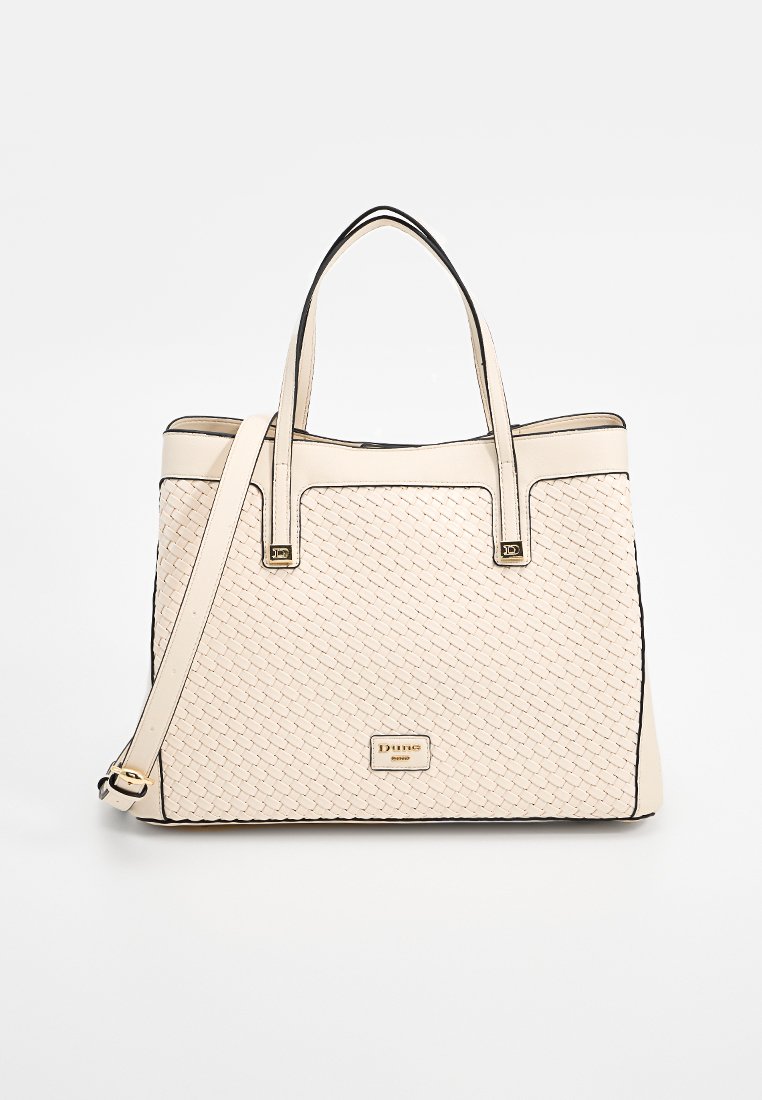 Beige geweven leren handtas met dubbele handvatten, verstelbare schouderband en gouden Dune logo-plaat aan de voorkant.
